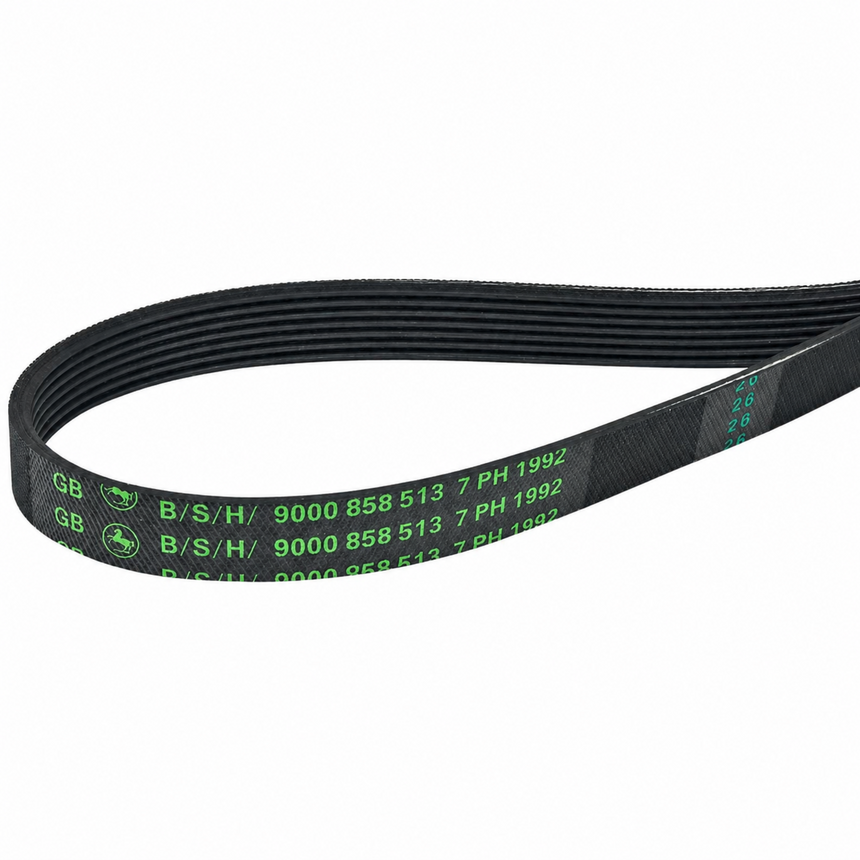 A black rubber power belt with green printed specifications and a green John Deere logo, shown on a plain white background.