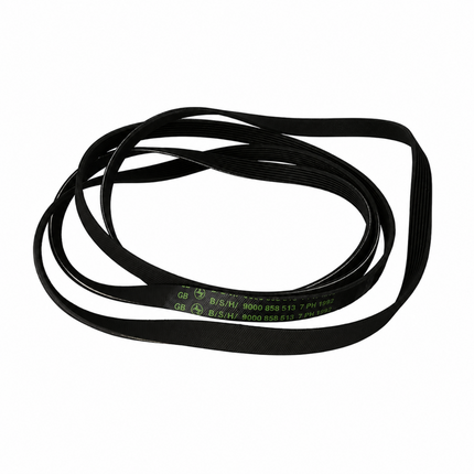 A black flat rubber drive belt with green printed technical specifications, coiled on a solid white background.