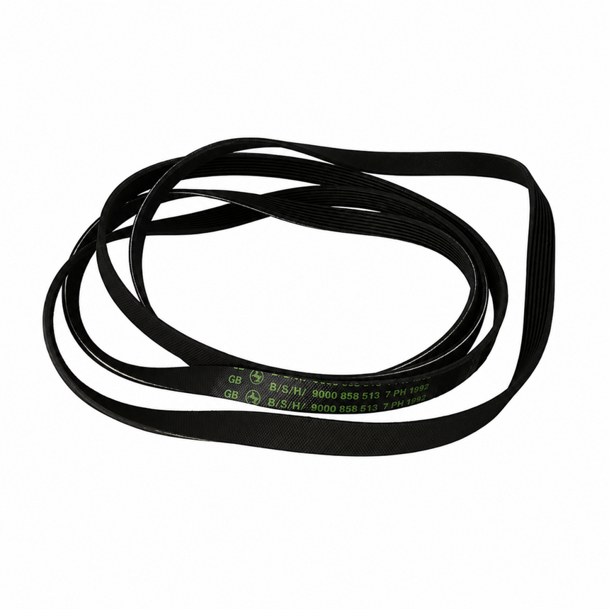 A black flat rubber drive belt with green printed technical specifications, coiled on a solid white background.