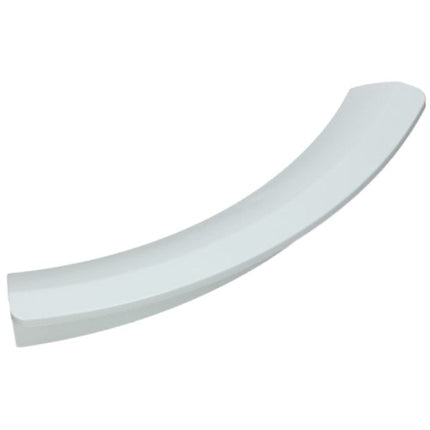 A curved white plastic trim piece, likely a door handle surround or cabinet edge trim, shown on a plain white background.