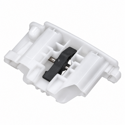 White plastic replacement part with a black lever and metal pin, isolated on a white background.