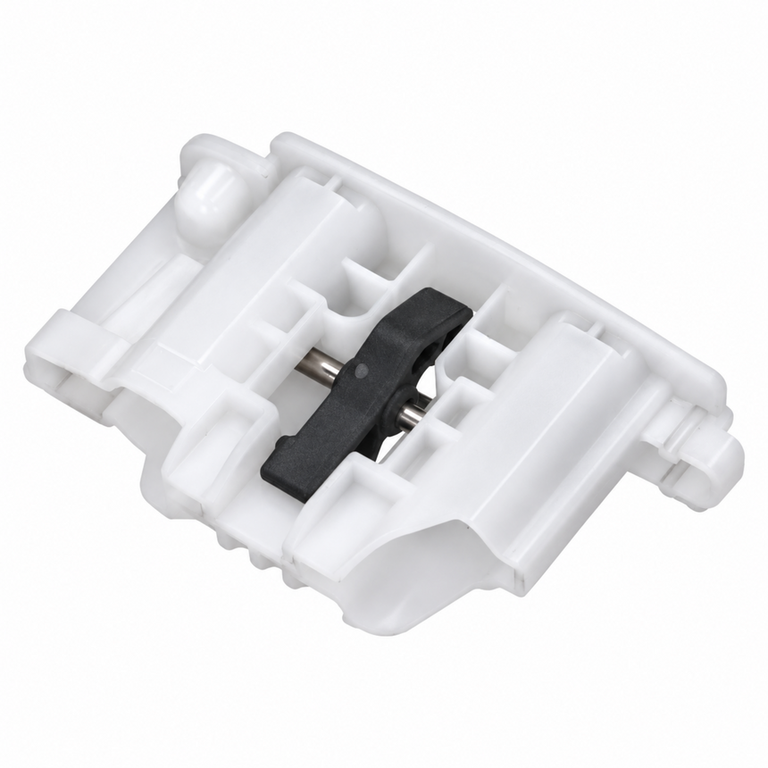 White plastic replacement part with a black lever and metal pin, isolated on a white background.
