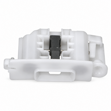 A white plastic automotive or appliance door switch lever with a black central roller, shown on a clean white background.