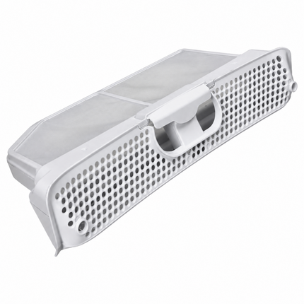 A white plastic replacement filter or mesh guard with a slotted perforated design and a central handle, shown on a plain white background.
