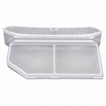 A white plastic refrigerator or freezer door ice tray filter, shown open to reveal two compartments and a honeycomb-patterned top section.