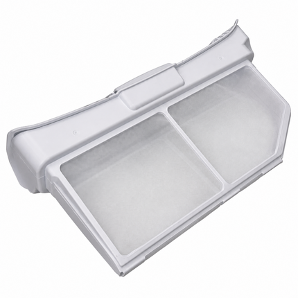 A white plastic dual-compartment filter cover, likely for a refrigerator or freezer water dispenser, shown open against a plain white background.