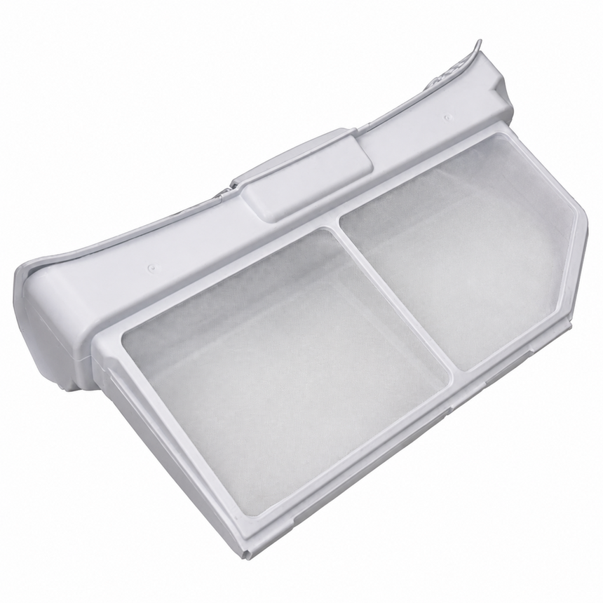 A white plastic dual-compartment filter cover, likely for a refrigerator or freezer water dispenser, shown open against a plain white background.