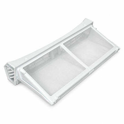 A white plastic dual-compartment refrigerator water filter cartridge, shown at an angle on a clean white background.