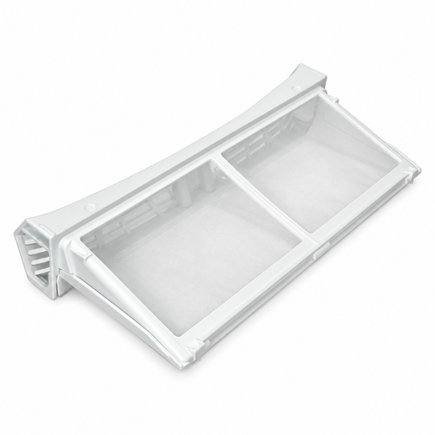 A white plastic dual-compartment refrigerator water filter cartridge, shown at an angle on a clean white background.