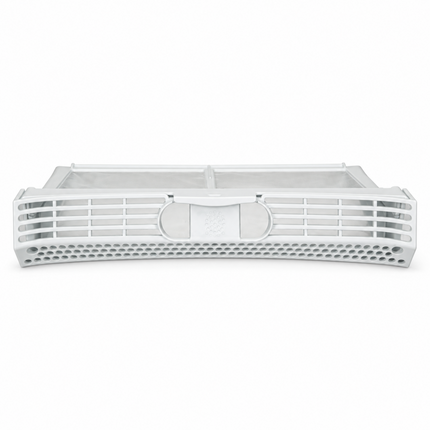 A white plastic kitchen utensil, specifically a rectangular strainer basket with a perforated bottom and a central handle loop, shown on a plain white background.