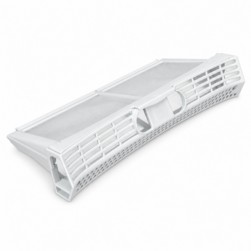 White plastic replacement filter housing for an air conditioner or refrigerator, shown on a clean white background.