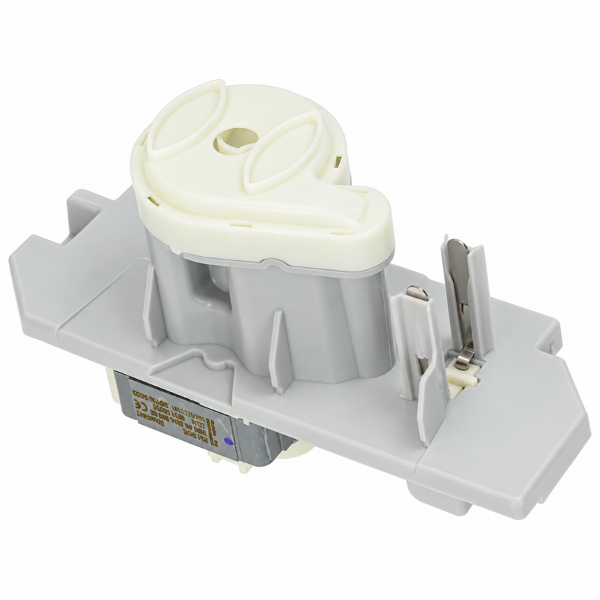 A replacement appliance part, specifically a gray plastic pump or motor assembly with a cream-colored top cap and metal contact points, shown on a solid white background.
