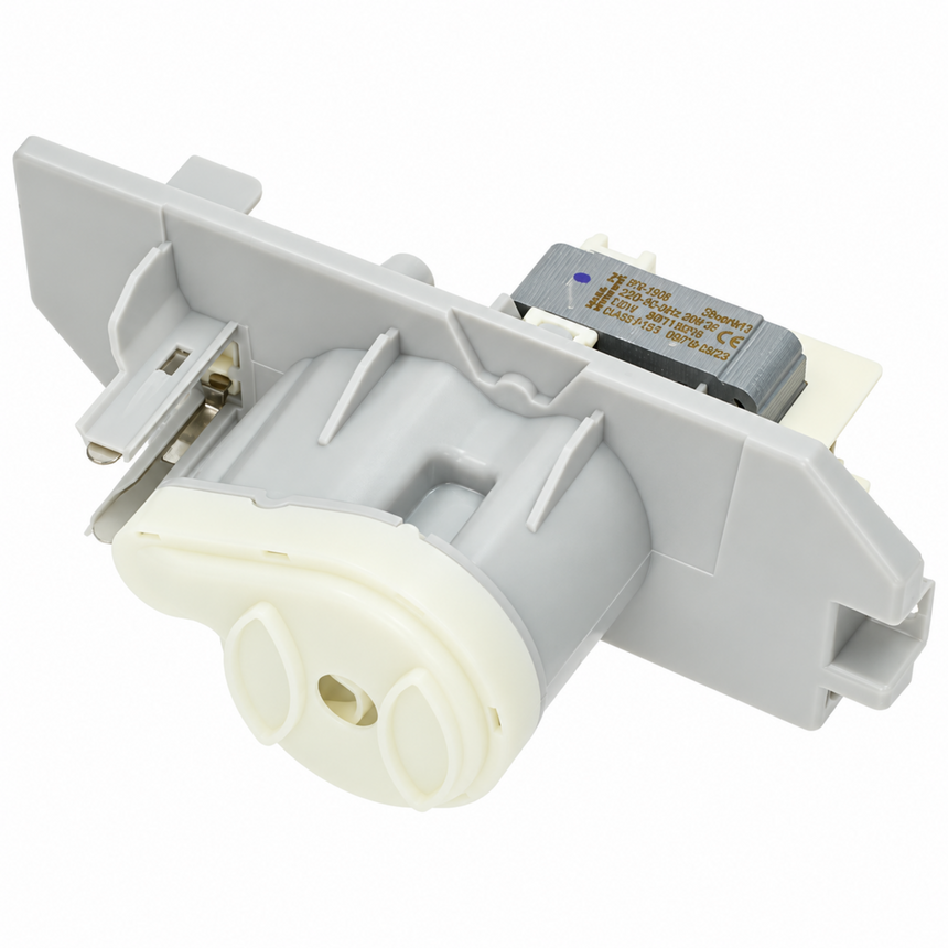 A replacement appliance part, specifically a white plastic dispenser or pump assembly with a gray electrical connector, shown on a solid white background.
