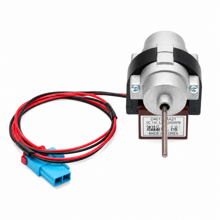 A small brushed DC motor with a silver metal body, black plastic housing, a blue connector, and red and black wires, shown on a plain white background.