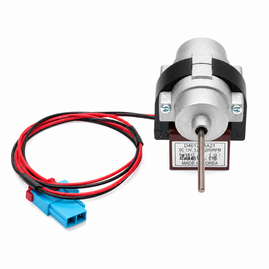 A small brushed DC motor with a silver metal body, black plastic housing, a blue connector, and red and black wires, shown on a plain white background.