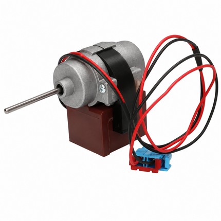 A small brushed DC motor with a silver metal body, a brown plastic base, a black heat-shrink wrap, a silver metal shaft, and red and black wires ending in a blue and red connector, shown on a plain white background.