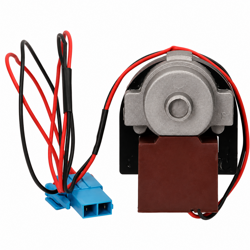 A small electric motor component with a silver metal rotor, a brown rectangular body, black and red wires, and a blue plastic connector on a plain white background.