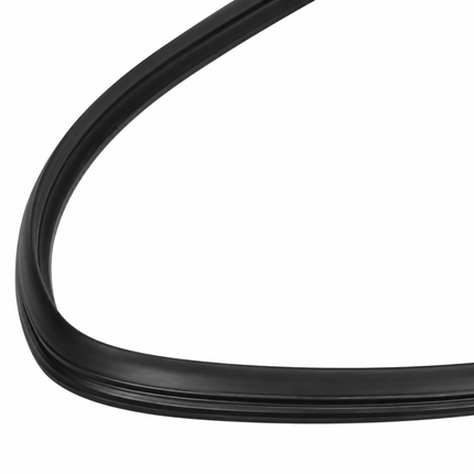 A close-up of a black rubber weatherstrip or gasket seal, curved against a plain white background.