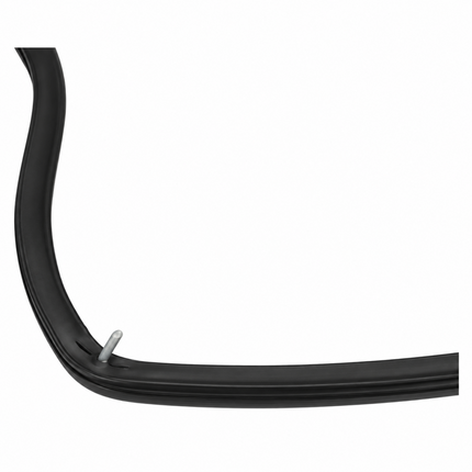 A close-up of a black rubber weatherstrip or trim seal with a small silver metal fastener, shown against a plain white background.