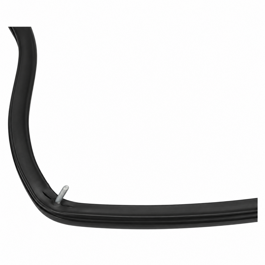 A close-up of a black rubber weatherstrip or trim seal with a small silver metal fastener, shown against a plain white background.