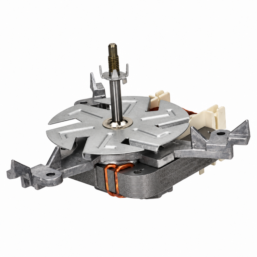 A replacement motor assembly with a silver metal stator, a central silver shaft, gray ribbed windings, orange copper coils, and beige plastic terminal covers, isolated on a white background.
