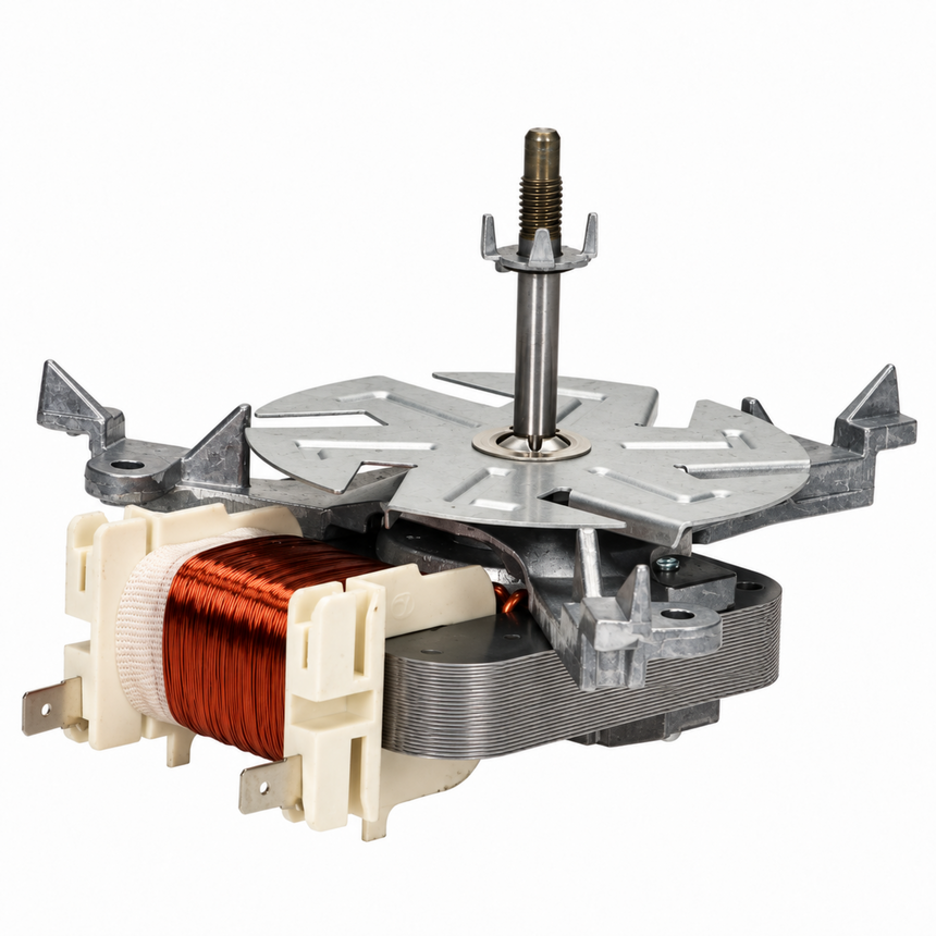 A close-up studio shot of a small electric motor or dynamo component on a plain white background. The product features a silver metal rotor with a central shaft, a copper wire coil wound on a cream-colored plastic stator core, and gray metal housing.