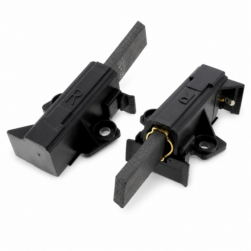 Two black mechanical components with textured gray rods and a small gold-colored ring, shown on a clean white background.
