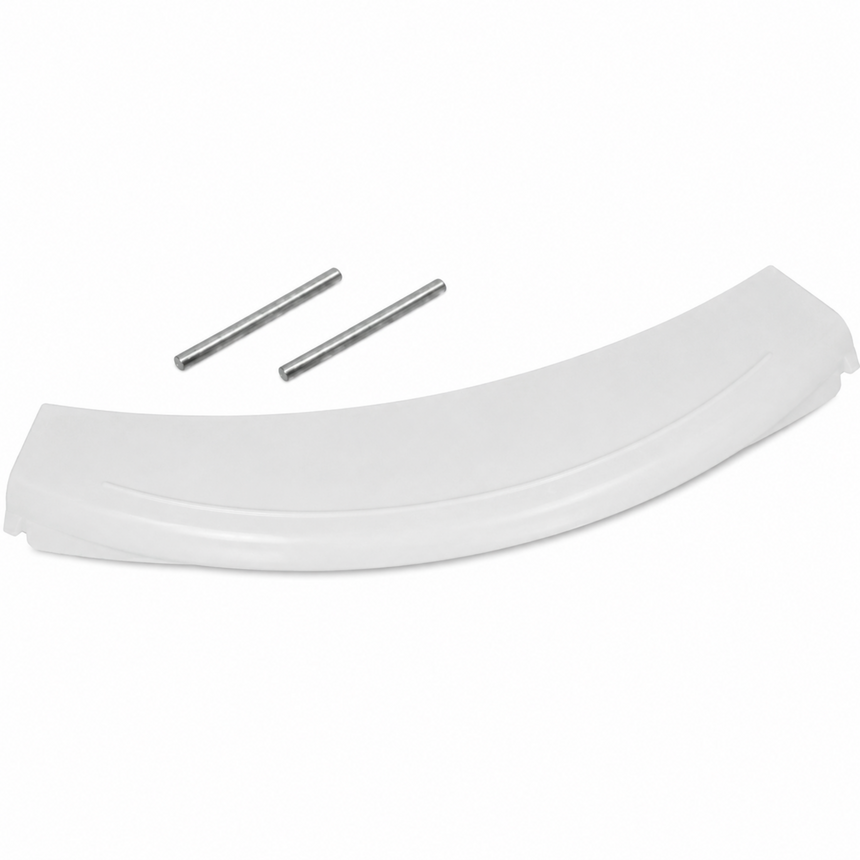A white curved plastic component, likely a bumper or trim piece, shown with two silver metal mounting rods on a plain white background.