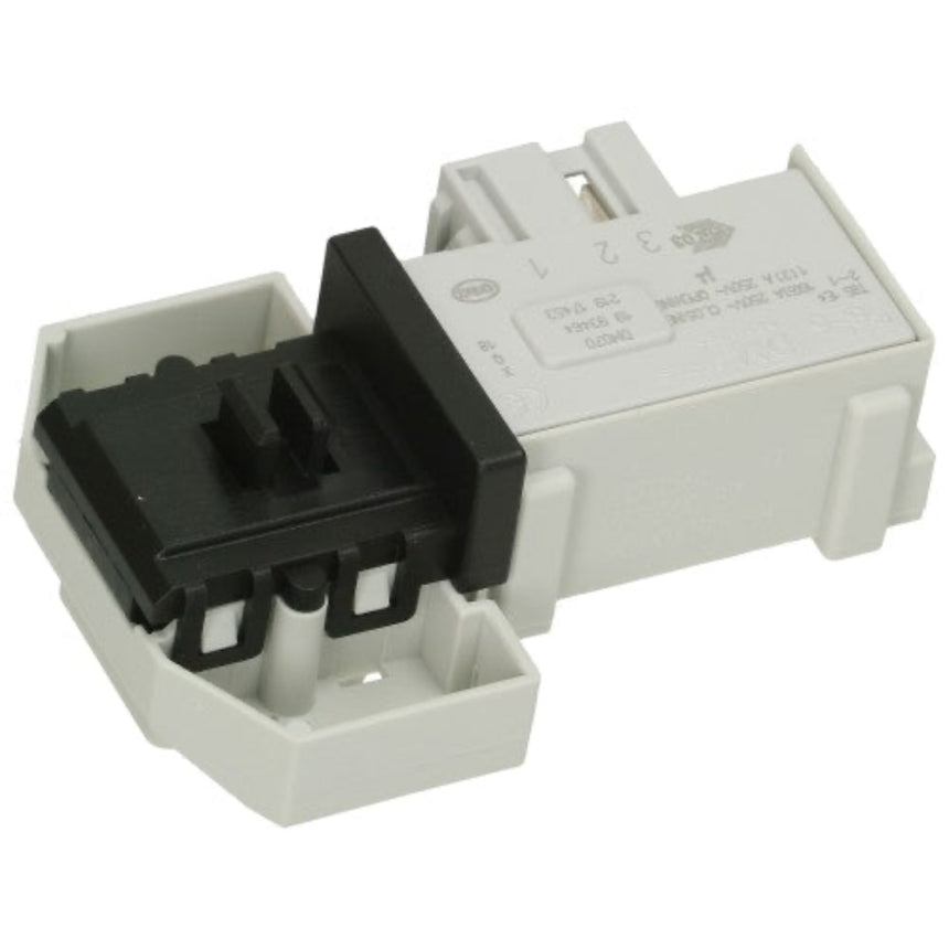 A small electrical component or connector with a black multi-pin terminal block mounted on a light gray plastic housing, photographed on a plain white background.