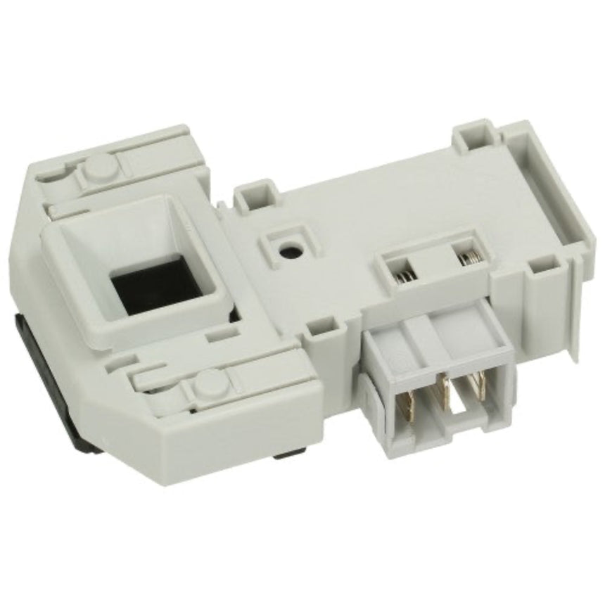 A light gray plastic electronic connector component with a black recessed area on one side and three metal pins visible in the terminal block, isolated on a white background.