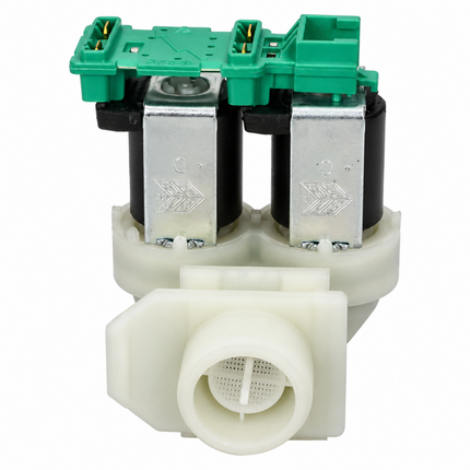 Mechanical valve with green and white components on a white background