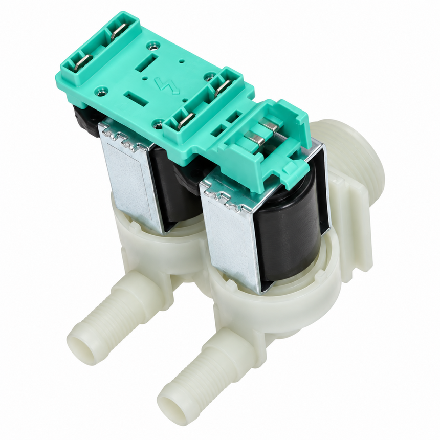 A double-channel water pump diaphragm assembly with a white plastic body, black and silver metal diaphragms, and a bright teal plastic top cover, shown on a solid white background.