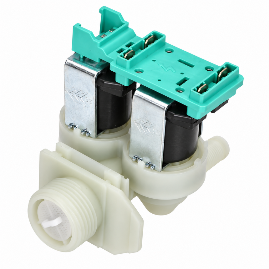 A double boiler water dispenser valve assembly with a white plastic body, black and silver solenoids, and a teal plastic top connector housing, shown on a white background.