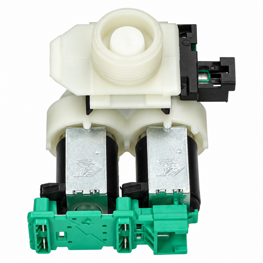 A plastic water inlet valve assembly with a white upper body, black and silver dual solenoid coils, and a green lower connector housing, isolated on a white background.