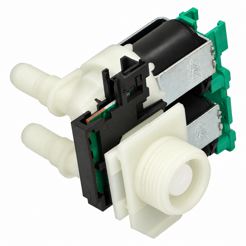 A dual-channel inline water filter cartridge with white plastic connectors, a black and silver internal filter element, and green end caps, shown on a solid white background.
