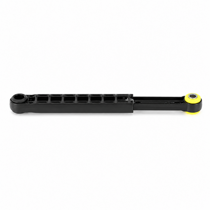 A black metal automotive suspension link with a bright yellow protective sleeve around one end bearing, shown on a solid white background.