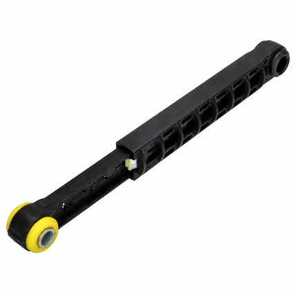 A black plastic automotive or industrial control arm with a yellow and gray wheel assembly on one end, shown on a plain white background.