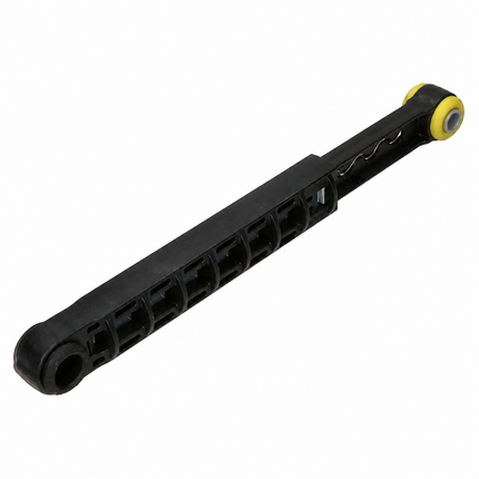 A black plastic automotive or industrial linkage arm with a yellow and black roller bearing at one end, shown on a plain white background.