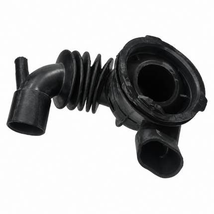 Black rubber automotive hose assembly with a corrugated section and multiple pipe connectors, isolated on a white background.