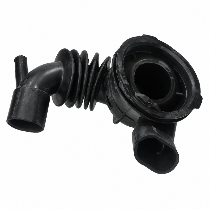 Black rubber automotive hose assembly with a corrugated section and multiple pipe connectors, isolated on a white background.