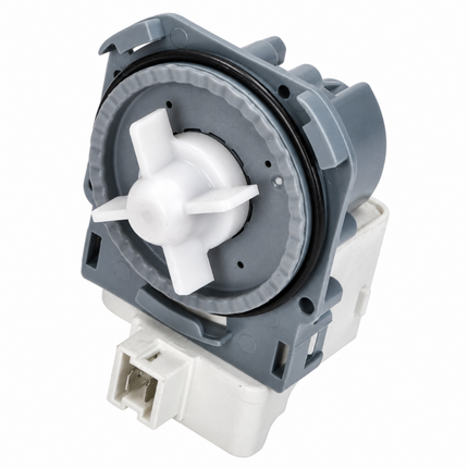 A replacement water pump motor assembly for a washing machine, featuring a gray plastic housing, a white plastic impeller, and a white electrical connector plug, shown on a solid white background.