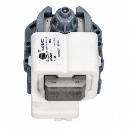 A replacement water dispenser pump motor with a white plastic body, gray plastic housing, and a silver metal motor core, featuring a white label with product specifications.