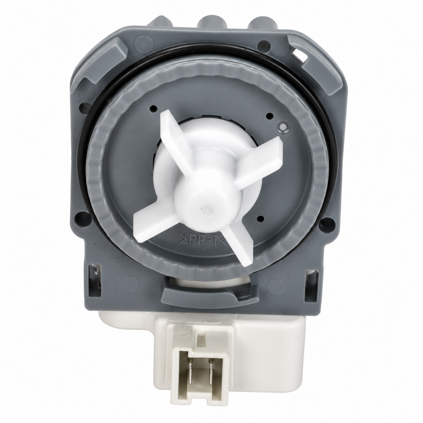 A replacement water dispenser pump motor assembly with a gray plastic housing, white impeller, and white connector plug, shown on a solid white background.