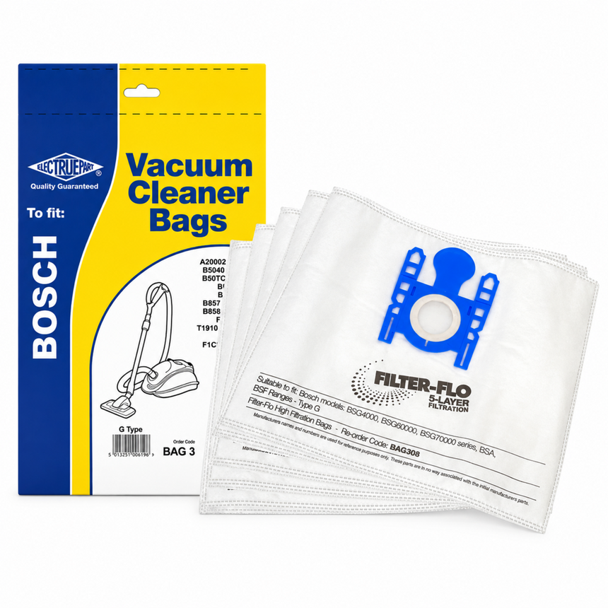 Bosch vacuum cleaner replacement bags shown with their retail packaging. The image features a stack of white 3-layer filter bags with blue 'Filter-Flo' logos, positioned next to a yellow and blue package labeled 'Vacuum Cleaner Bags' for Bosch vacs.