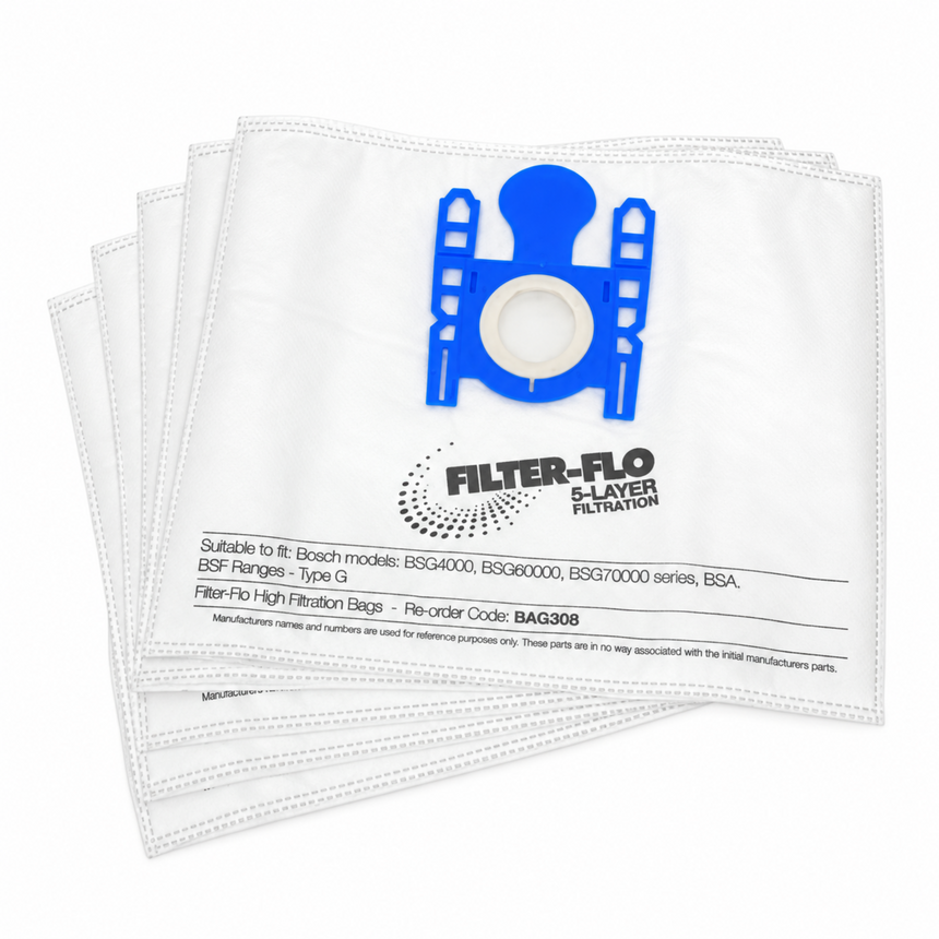 A stack of white Filter-Flo 5-layer vacuum filter bags with a blue clip graphic and black printed text, shown on a plain white background.