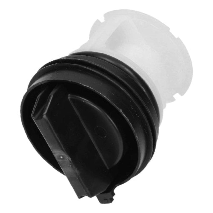 A replacement coffee maker filter basket with a black plastic filter head and a translucent white plastic upper section, shown on a plain white background.