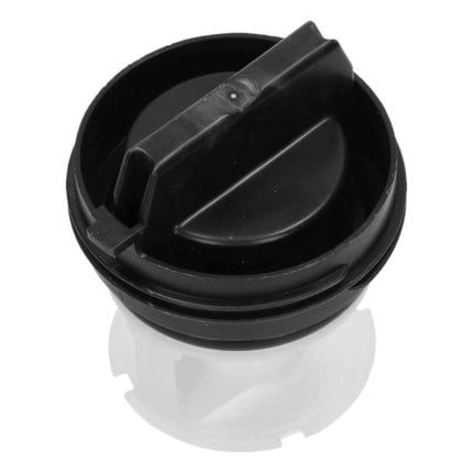 A black plastic replacement cap or lid with a hinged tab, shown on a white background with a faint reflection below.