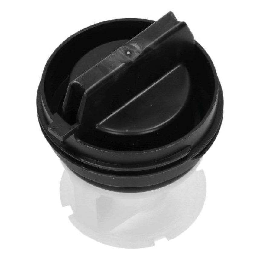 A black plastic replacement cap or lid with a hinged tab, shown on a white background with a faint reflection below.
