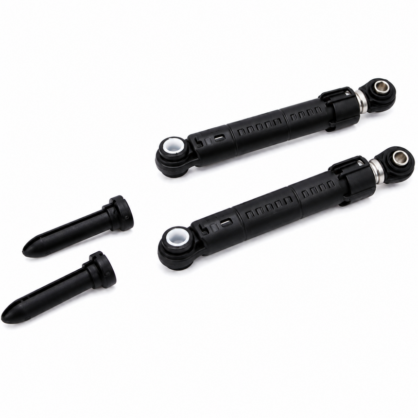 Two black shock absorbers on a white background