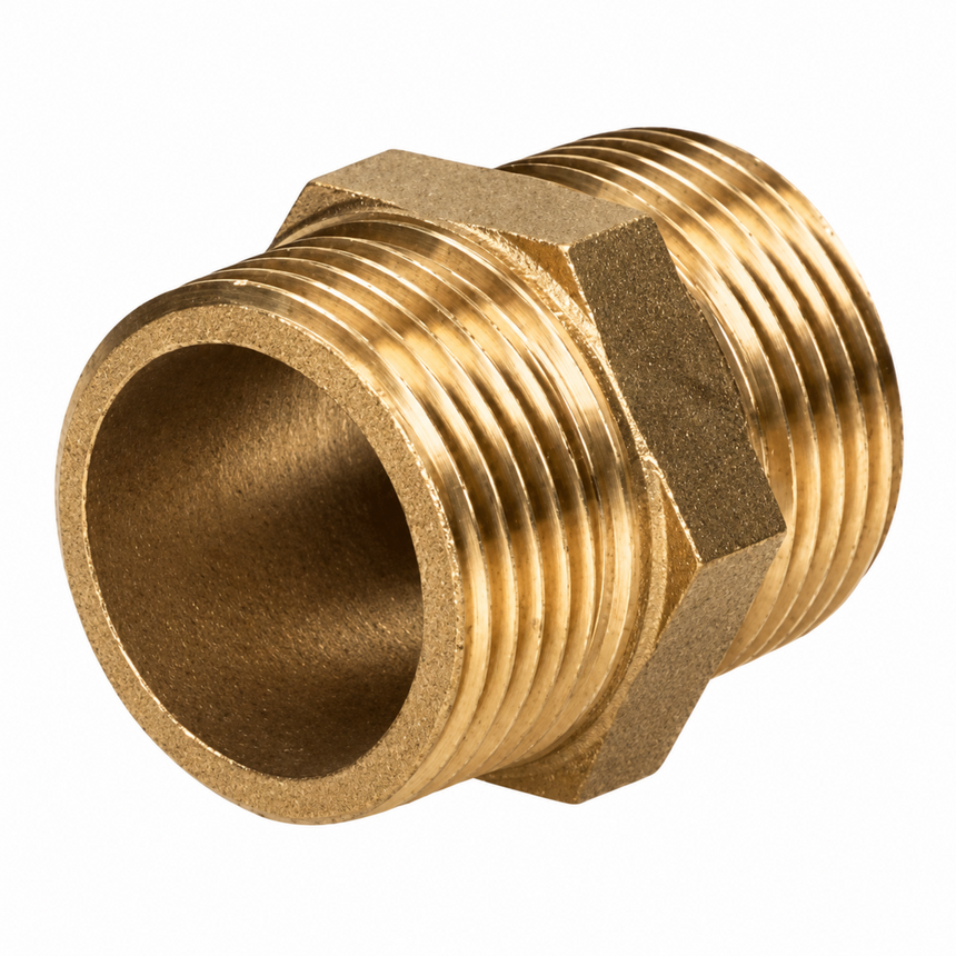 A brass male pipe fitting with a hex nut design, featuring internal threading on one end and a hexagonal protruding section on the side, shown on a solid white background.